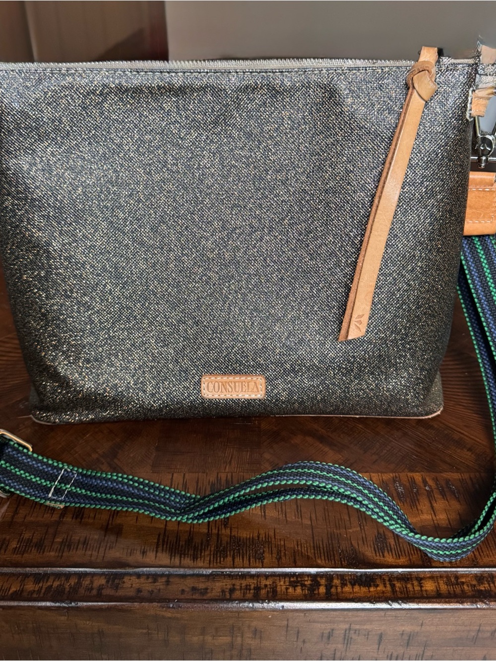Consuela Metallic Black Crossbody with Green-Accented Strap